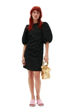 Clearance GANNI Stretch Jacquard Puff Sleeves Mini Dress Black