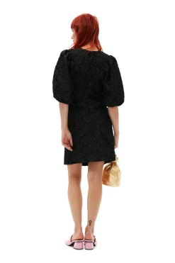 Clearance GANNI Stretch Jacquard Puff Sleeves Mini Dress Black