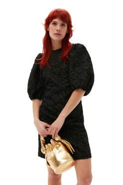 Clearance GANNI Stretch Jacquard Puff Sleeves Mini Dress Black