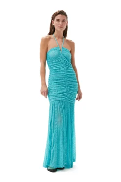 New GANNI Stretch Lace Halter Neck Dress Blue Curacao