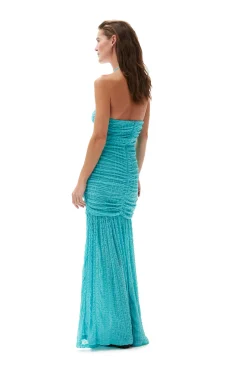 New GANNI Stretch Lace Halter Neck Dress Blue Curacao
