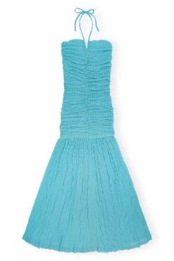 New GANNI Stretch Lace Halter Neck Dress Blue Curacao