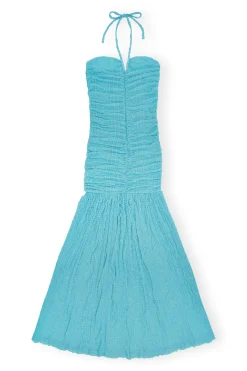 New GANNI Stretch Lace Halter Neck Dress Blue Curacao