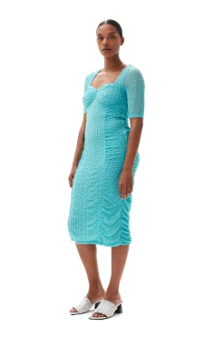 Hot GANNI Stretch Lace Ruched Midi Dress Blue Curacao