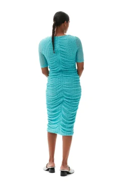 Hot GANNI Stretch Lace Ruched Midi Dress Blue Curacao