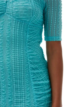 Hot GANNI Stretch Lace Ruched Midi Dress Blue Curacao