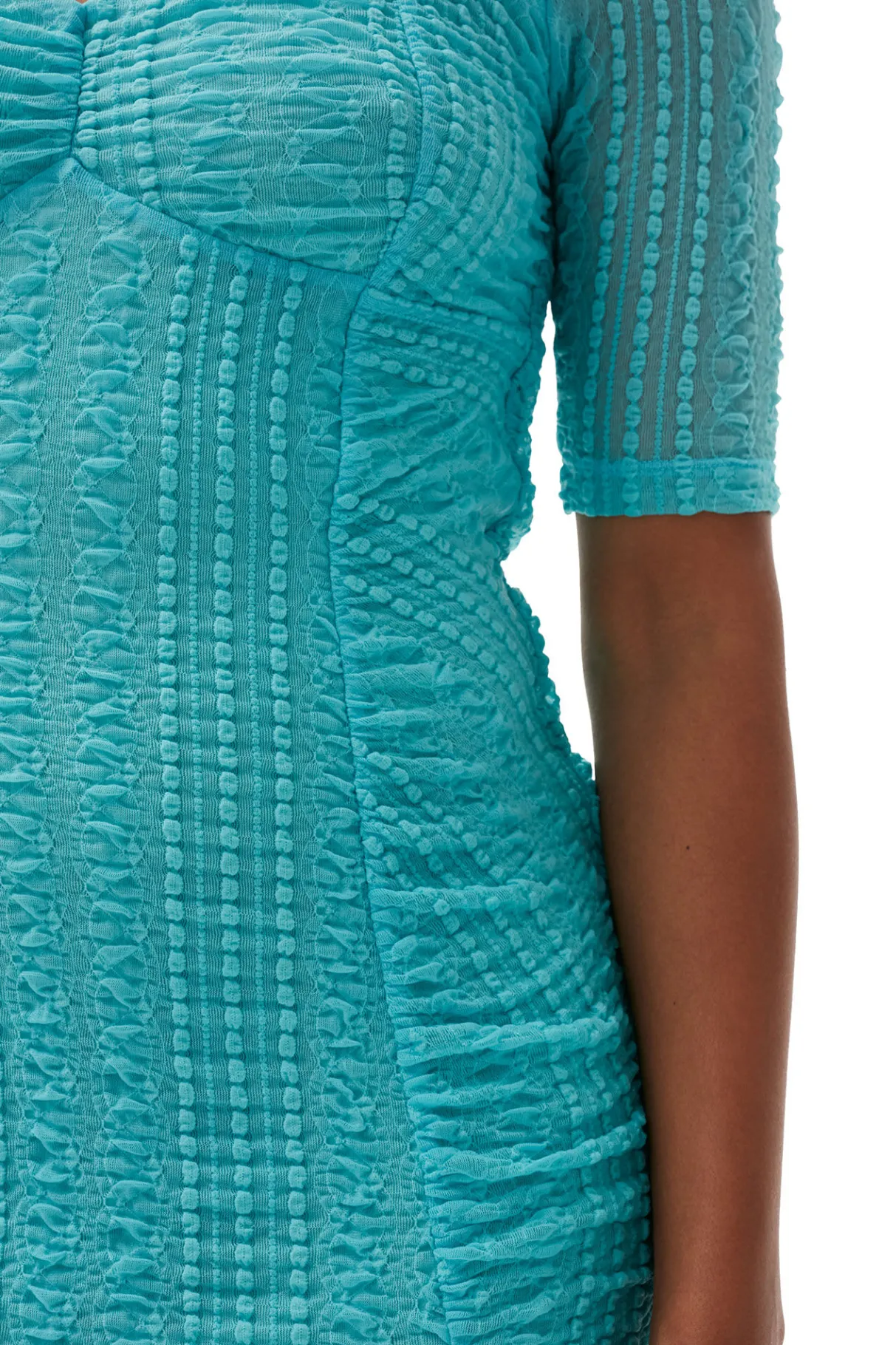 Hot GANNI Stretch Lace Ruched Midi Dress Blue Curacao