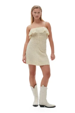 Shop GANNI Stretch Seersucker Strap Mini Dress Pale Khaki