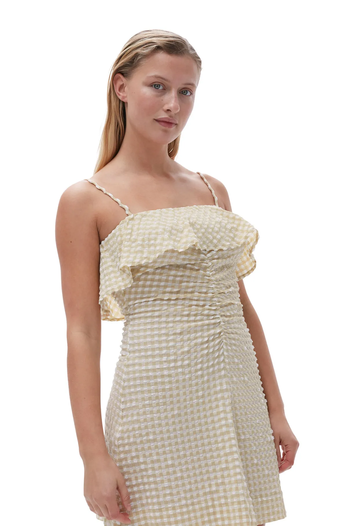 Shop GANNI Stretch Seersucker Strap Mini Dress Pale Khaki
