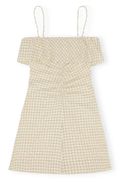 Shop GANNI Stretch Seersucker Strap Mini Dress Pale Khaki