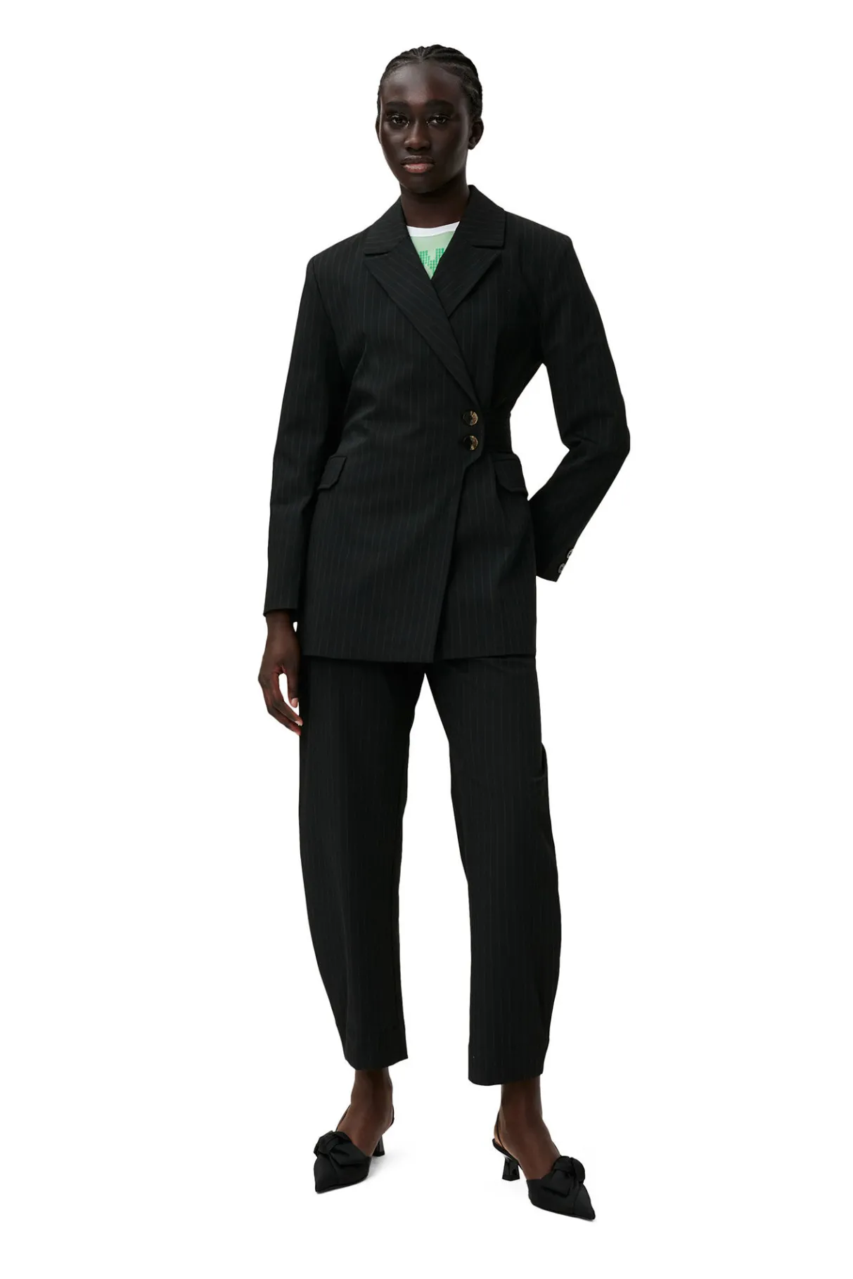 Shop GANNI Stripe Belt Blazer Black