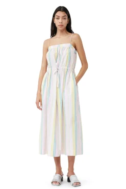 Shop GANNI Stripe Cotton Maxi Strap Dress Multicolour
