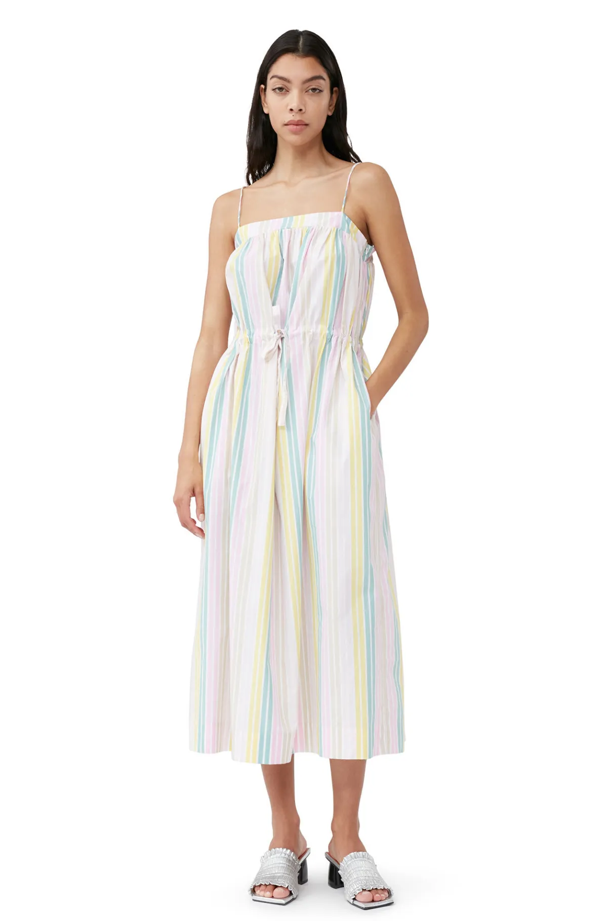 Shop GANNI Stripe Cotton Maxi Strap Dress Multicolour