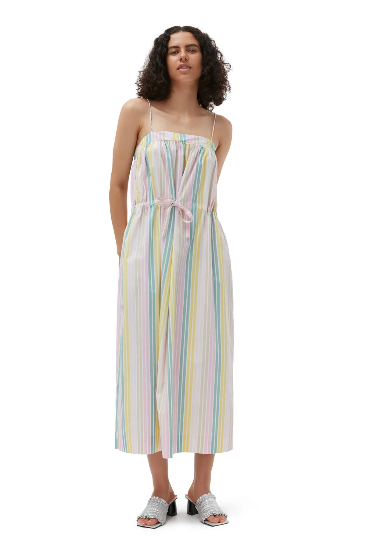 Shop GANNI Stripe Cotton Maxi Strap Dress Multicolour
