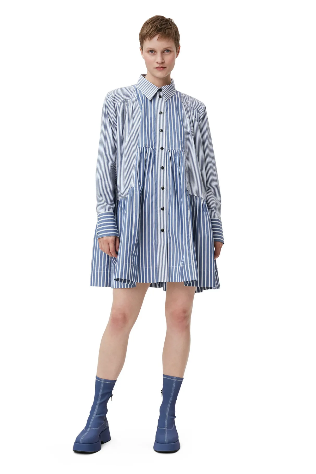 New GANNI Stripe Mini Shirt Dress Gray Blue