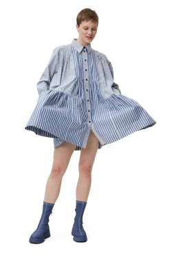 New GANNI Stripe Mini Shirt Dress Gray Blue