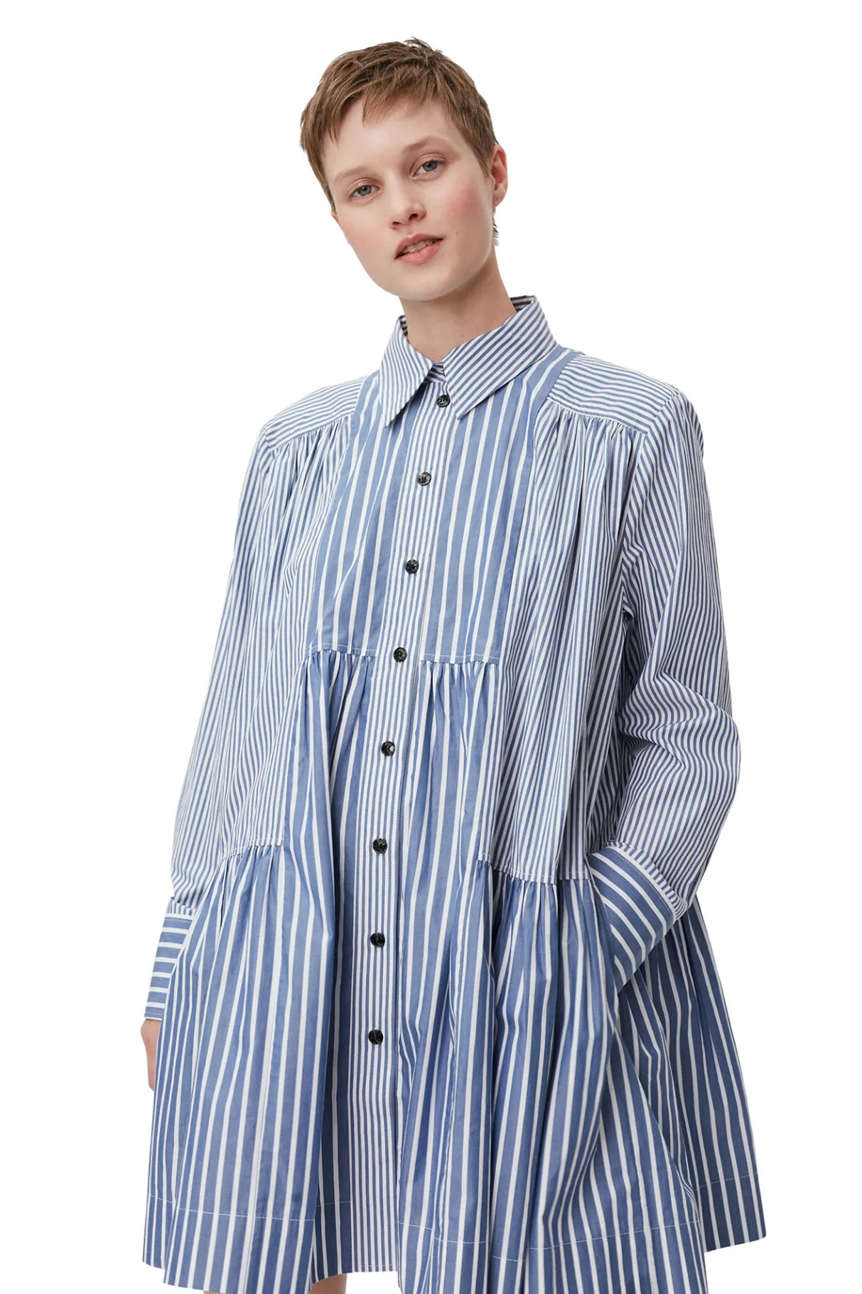 New GANNI Stripe Mini Shirt Dress Gray Blue