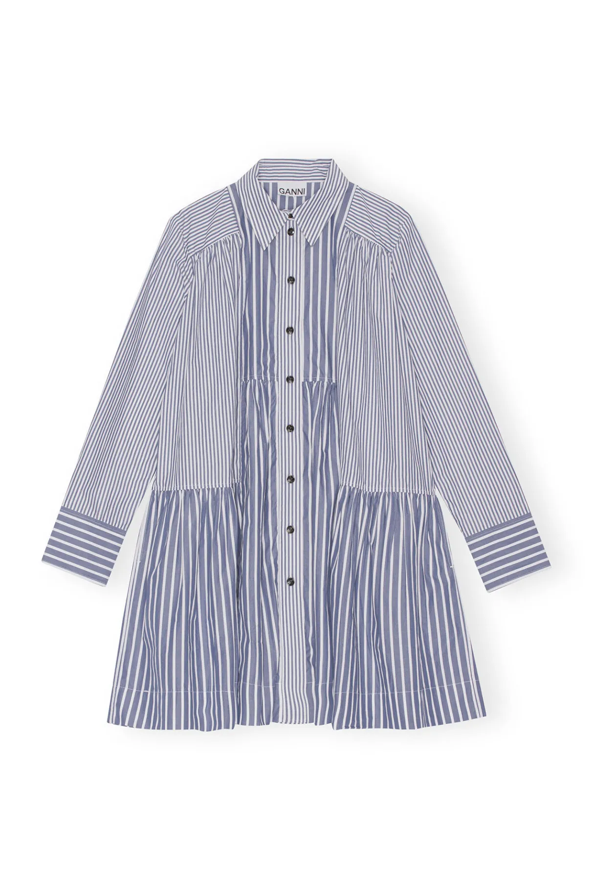 New GANNI Stripe Mini Shirt Dress Gray Blue