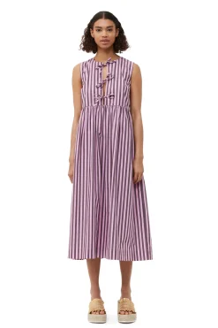 Online GANNI Striped Cotton Midi Dress Bonbon