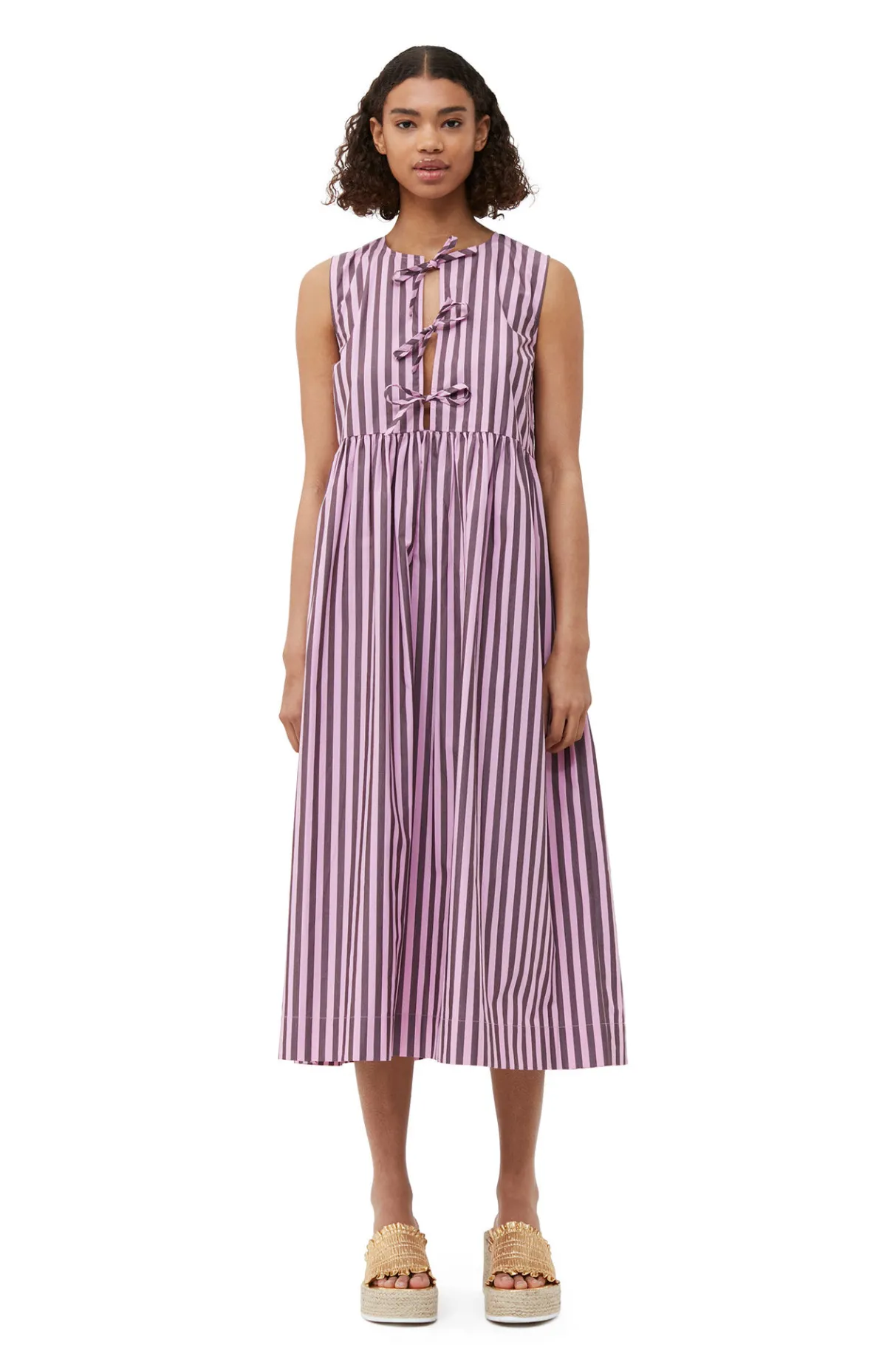 Online GANNI Striped Cotton Midi Dress Bonbon