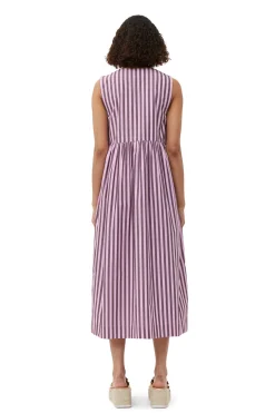 Online GANNI Striped Cotton Midi Dress Bonbon