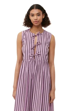 Online GANNI Striped Cotton Midi Dress Bonbon