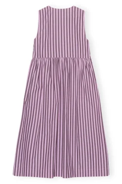 Online GANNI Striped Cotton Midi Dress Bonbon
