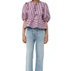 Online GANNI Striped Cotton Peplum Blouse Bonbon
