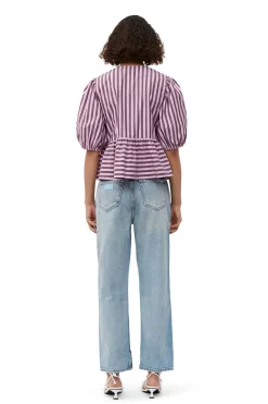 Online GANNI Striped Cotton Peplum Blouse Bonbon