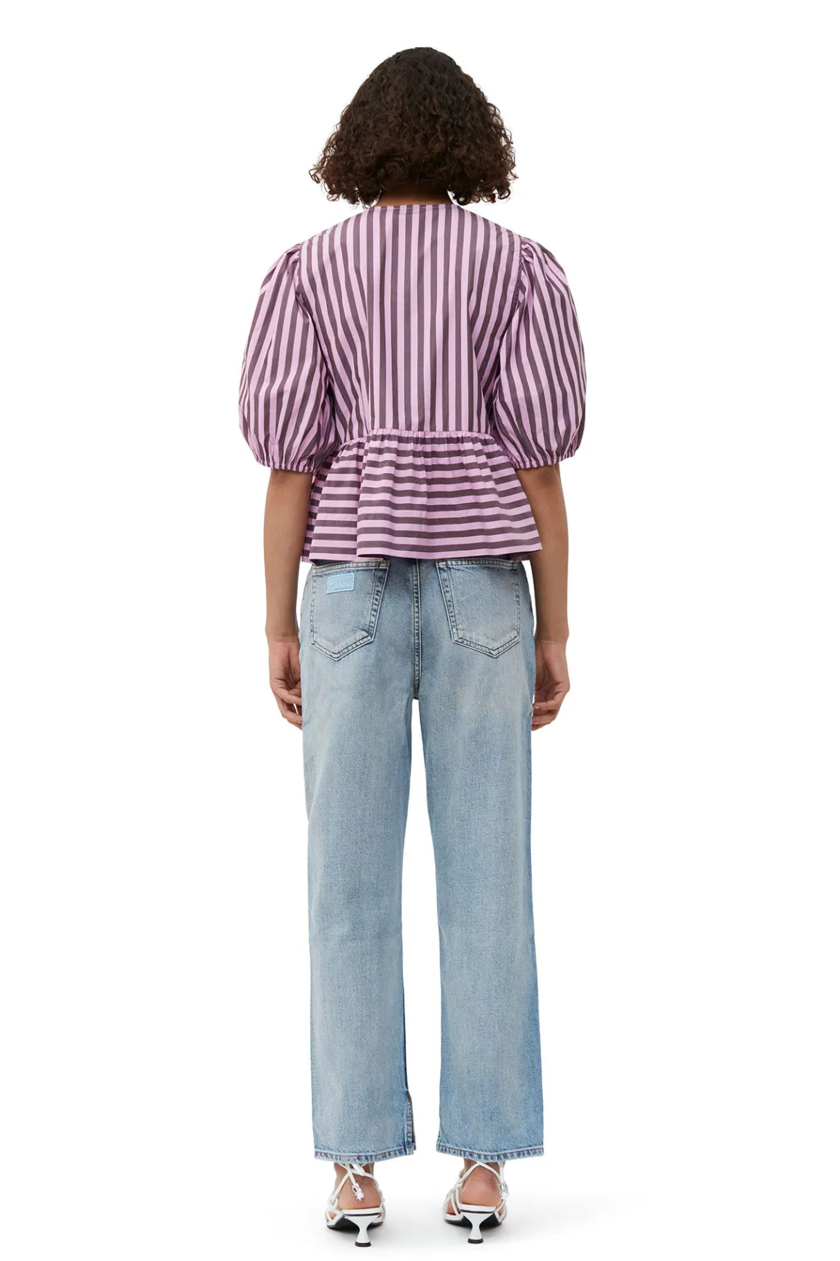 Online GANNI Striped Cotton Peplum Blouse Bonbon