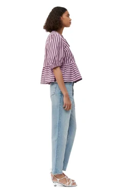 Online GANNI Striped Cotton Peplum Blouse Bonbon