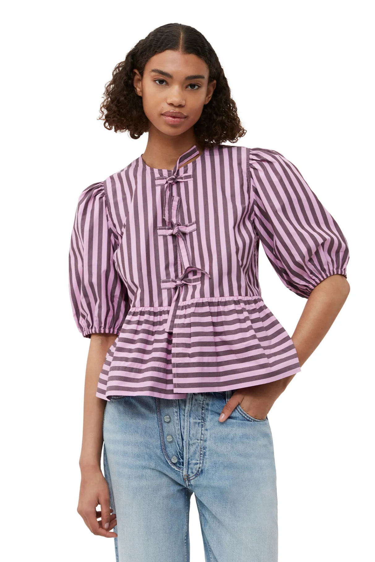 Online GANNI Striped Cotton Peplum Blouse Bonbon