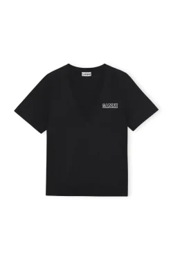 Fashion GANNI Thin Software Jersey V-Neck T-Shirt Black
