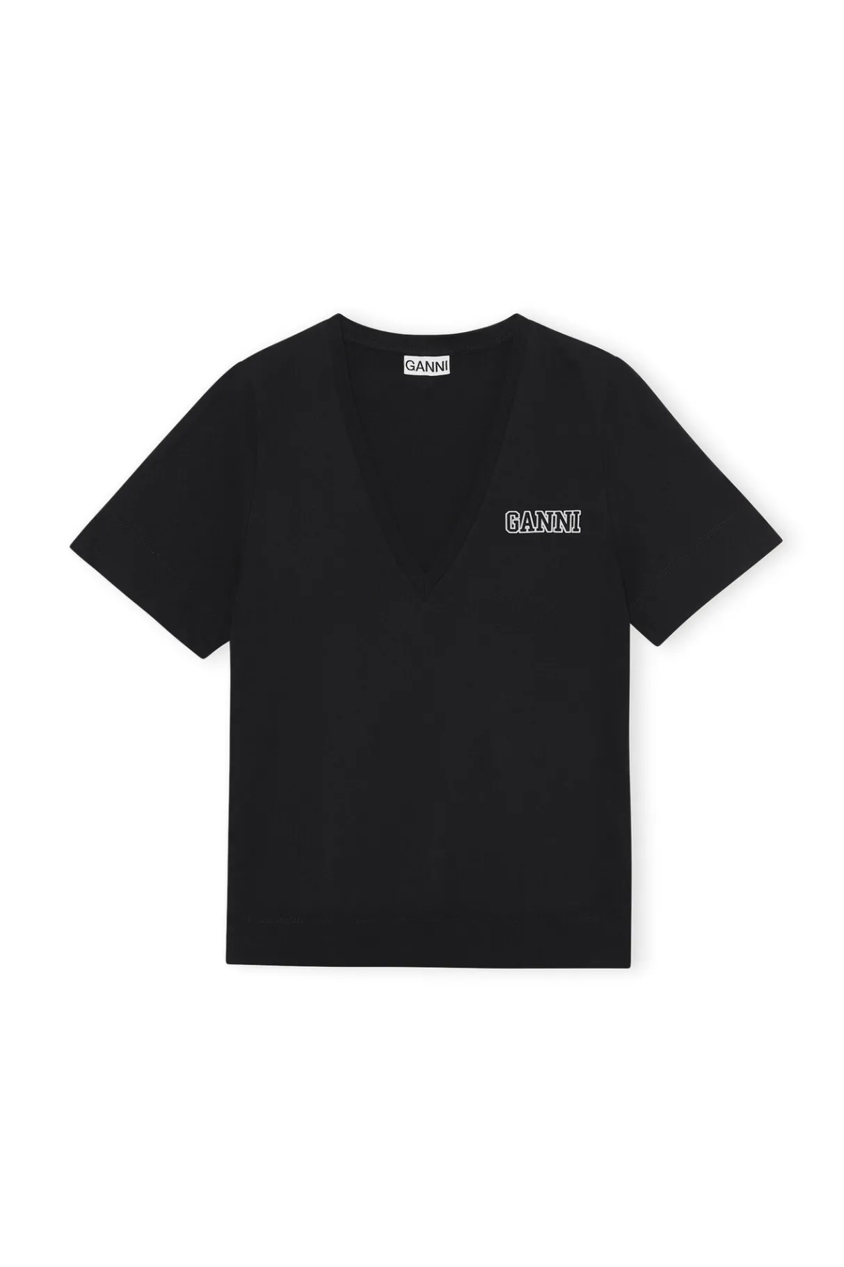 Fashion GANNI Thin Software Jersey V-Neck T-Shirt Black