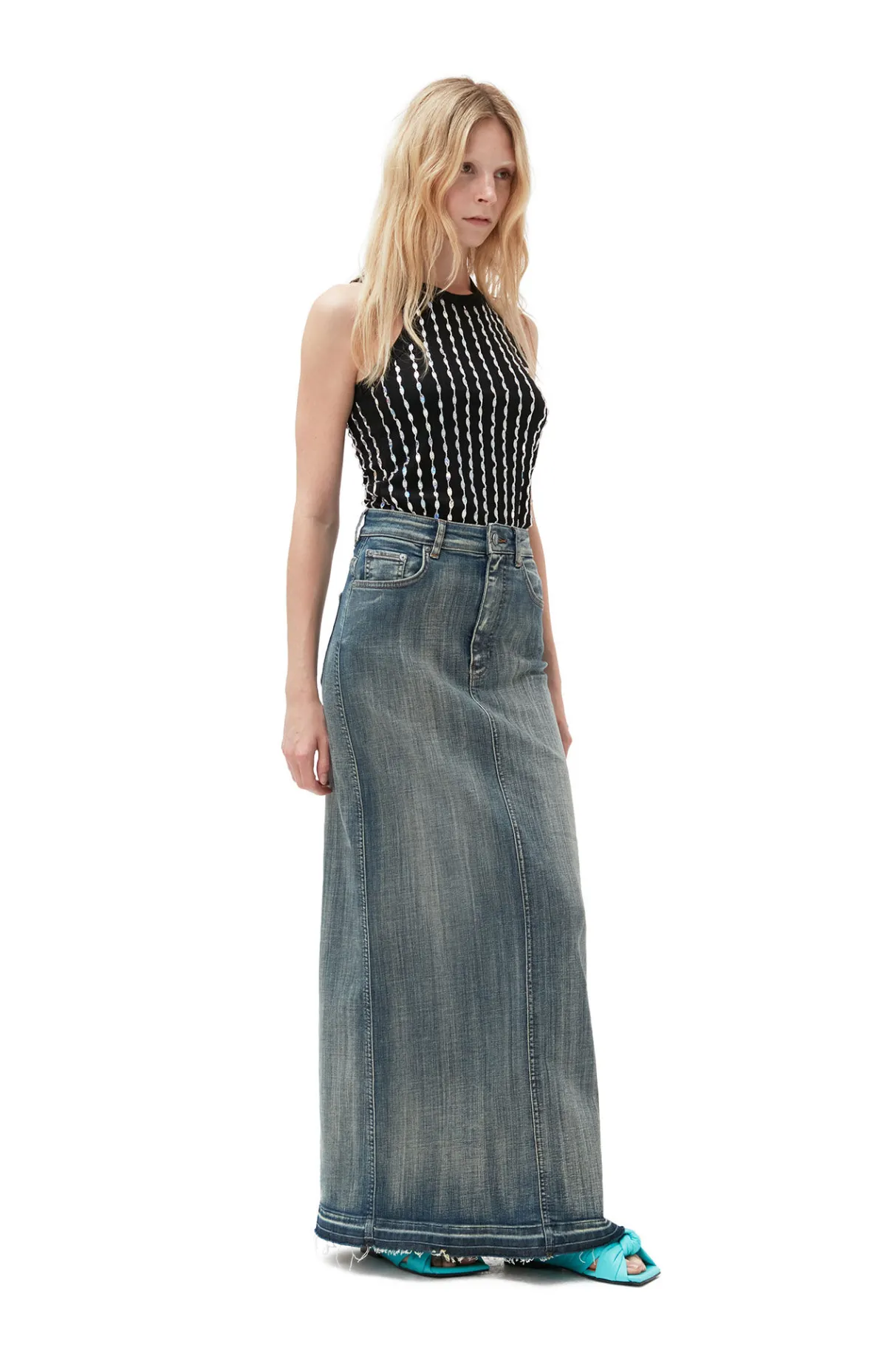 Fashion GANNI Tint Edge Denim Maxi Skirt Tint Wash