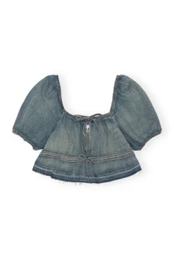 Cheap GANNI Tint Edge Denim Puff Sleeve Top Tint Wash