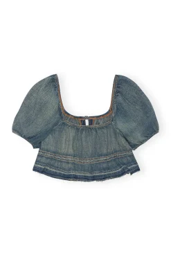 Cheap GANNI Tint Edge Denim Puff Sleeve Top Tint Wash