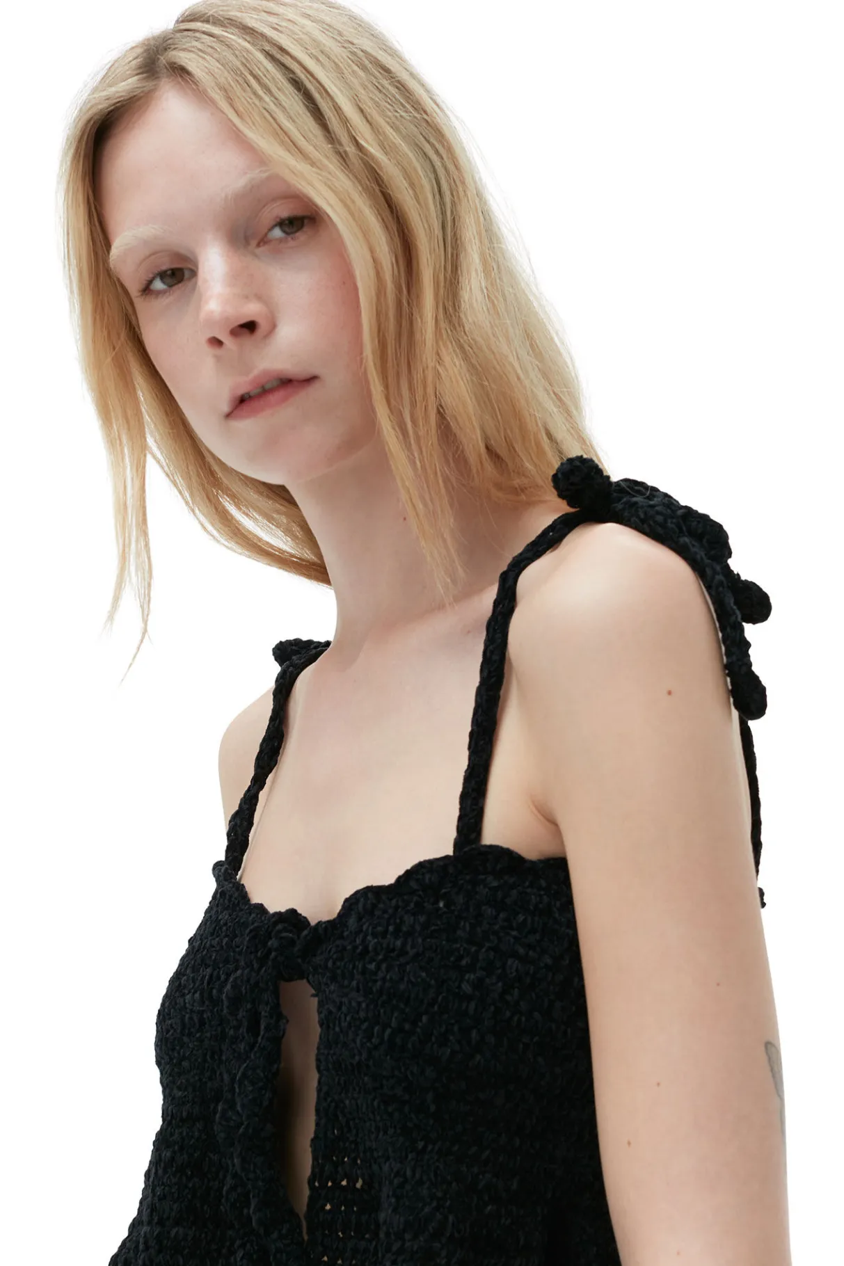 Best Sale GANNI Velvet Crochet Bandeau Strap Top Black