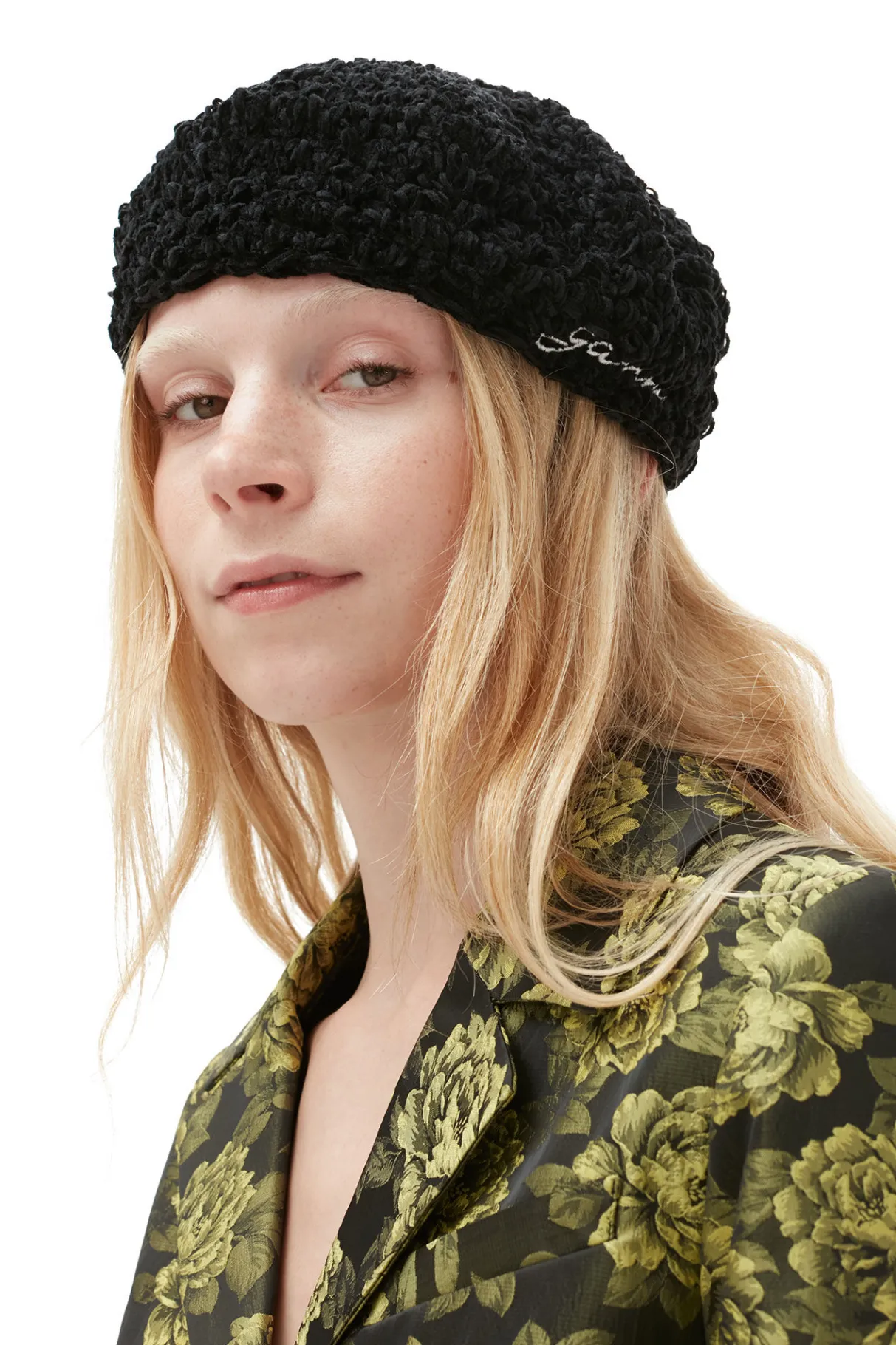 Best Sale GANNI Velvet Crochet Beret Black