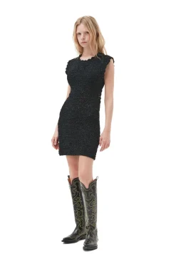 Fashion GANNI Velvet Crochet Open Back Mini Dress Black