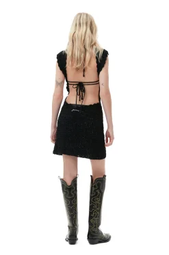 Fashion GANNI Velvet Crochet Open Back Mini Dress Black