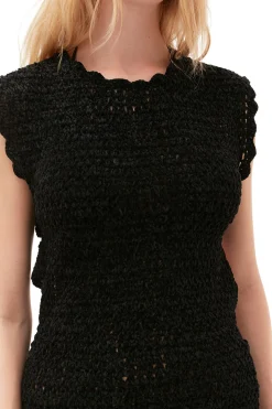 Fashion GANNI Velvet Crochet Open Back Mini Dress Black
