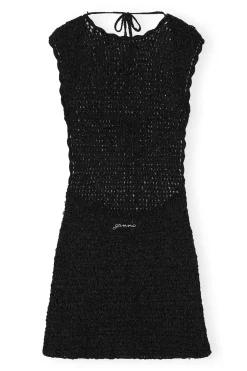 Fashion GANNI Velvet Crochet Open Back Mini Dress Black