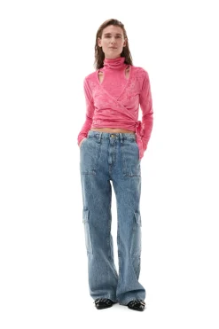 Outlet GANNI Velvet Wrap Blouse Shocking Pink