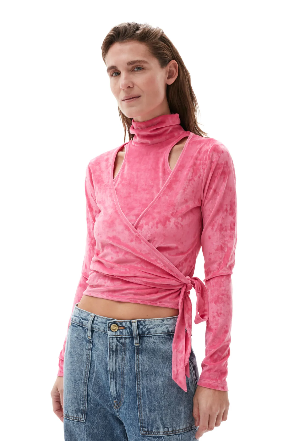 Outlet GANNI Velvet Wrap Blouse Shocking Pink