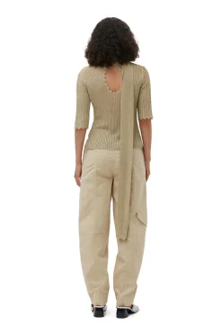 Fashion GANNI Washed Cotton Canvas Elasticated Curve Pants Pale Khaki