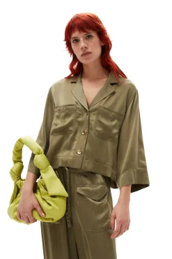 Sale GANNI Washed Satin Crop Shirt Aloe