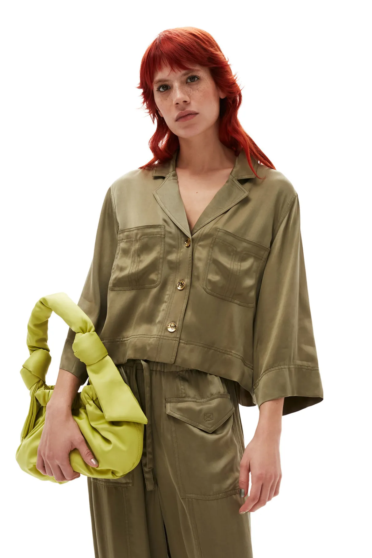 Sale GANNI Washed Satin Crop Shirt Aloe