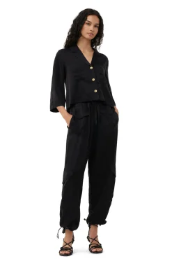Outlet GANNI Washed Satin Crop Shirt Black