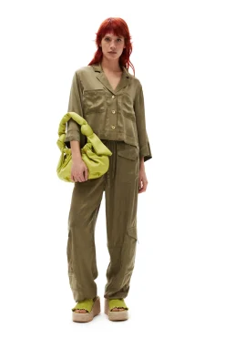 Sale GANNI Washed Satin Crop Shirt Aloe